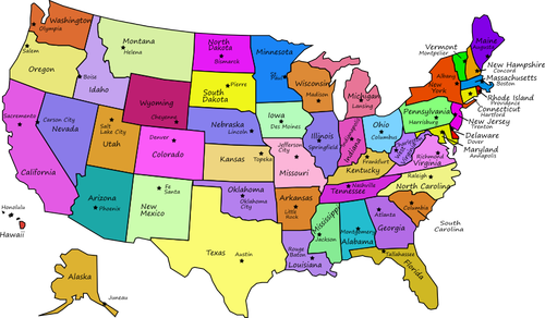 Carte des Etats-Unis avec des chapiteaux