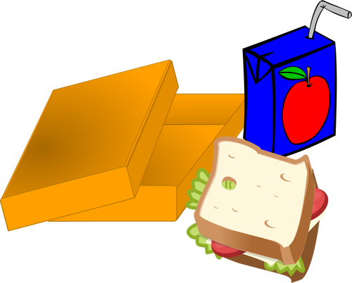 Vector image of orange lunch box with sandwich and juice