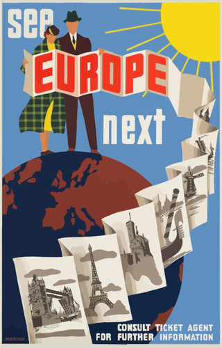 Grafiikka eurooppalaisesta vintage-matkajulisteesta