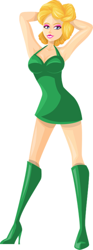 Jonge dame in groene jurk en hoge laarzen