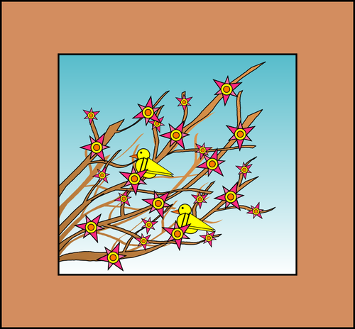 Žlutá ptáci ve větvích stromů s obrázek květiny