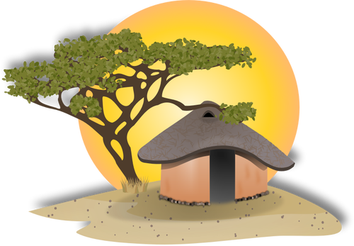 アフリカの小屋のある風景のベクトル描画