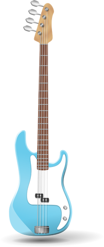 Kuva sinisestä bassokitarasta pystyssä