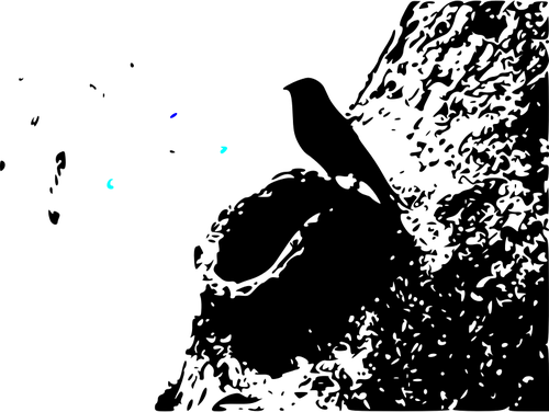 Piirustus sinilinnusta seisomassa ontelon pesässä
