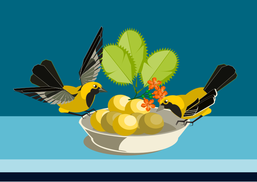 איור וקטורי של שני ציפורים קטנות לאכול מתוך קערה