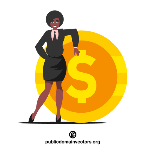 Businesswoman with a huge dollar coin