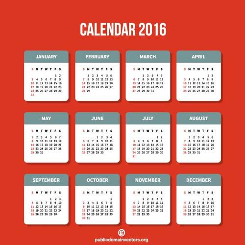 Calendário de 2016 em formato vetorial