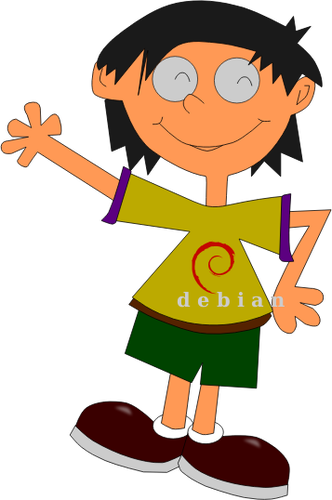 Debian のロゴのシャツのベクトル描画と漫画の子供