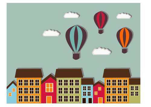 Colorful houses and balloons
