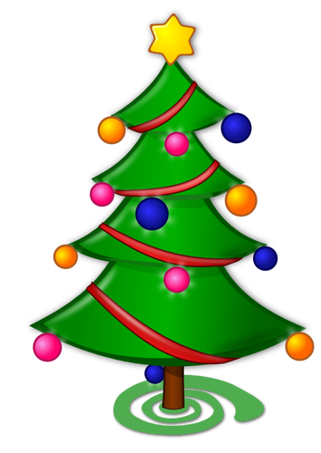 شجرة عيد الميلاد مع الحلي والرسومات ناقلات الشريط الأحمر