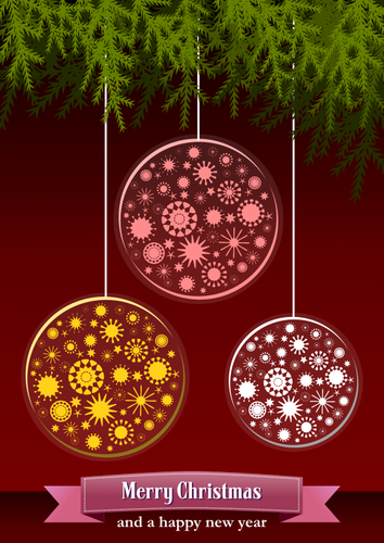 赤のクリスマス ツリーの装飾と季節のグリーティング カードのカラー イラスト