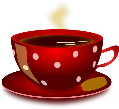 Pohár červených flekatý čaj s podšálkem a cookie Vektor Klipart