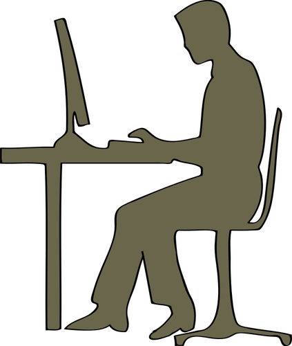 कंप्यूटर डेस्क वेक्टर क्लिप आर्ट पर बैठे आदमी के सिल्हूट
