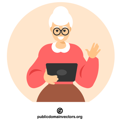 컴퓨터 태블릿을 사용하는 노인 여성