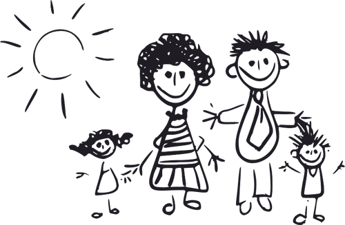 Mustavalkoisen lapsen piirros perheestä