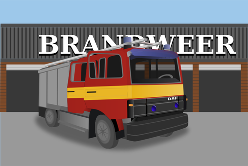 Feuerwehrauto vor Feuer-Haus-Vektor-Bild