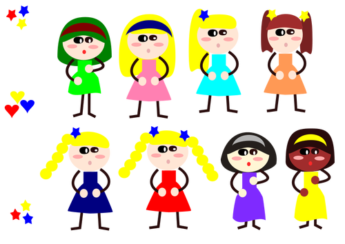 Cartoon meisjes in verschillende jurken