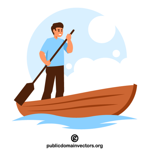 Lycklig kille som ror en båt