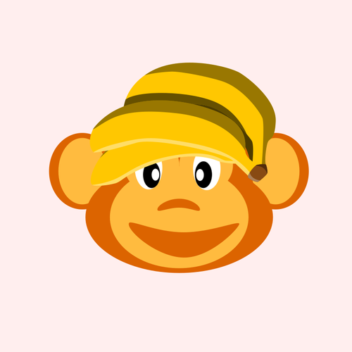 Kuva onnellisesta apinasta banaani päässään