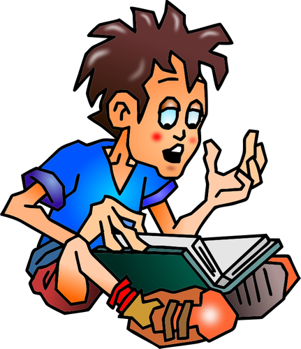 Grafică vectorială băiat citind o carte din poala lui