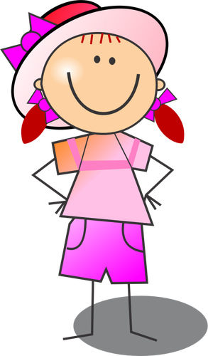 Vector de dibujo de color rosa y roja niña sonriente figura de palo