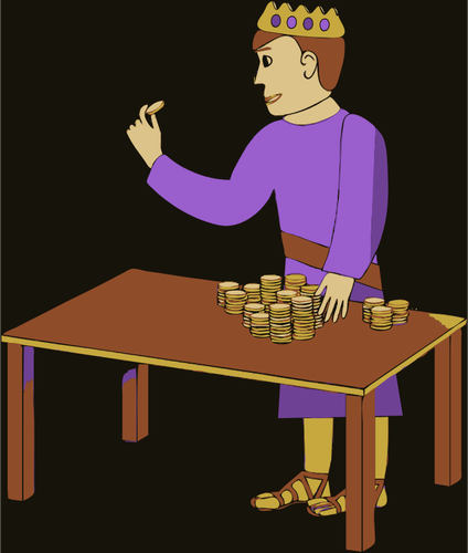 Vetor desenho do rei contando moedas de ouro