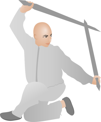 Vector drawing of kung fu man with two swords