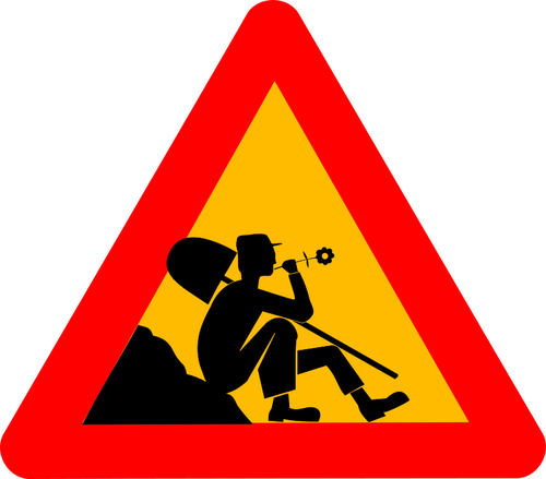 Vektor illustration av man vilar på konstruktion webbplats trafik skylt