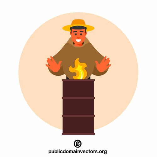 Bărbat în picioare lângă un butoi în flăcări