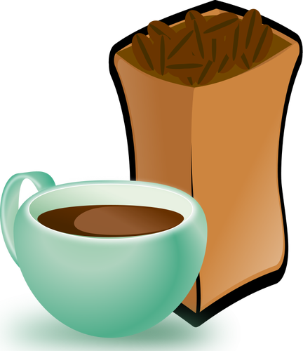 Gambar vektor hijau secangkir kopi dengan karung biji kopi