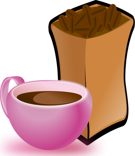 Vector afbeelding van roze kopje koffie met zak van koffie bonen