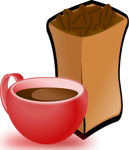 Gambar vektor merah cangkir kopi dengan karung biji kopi