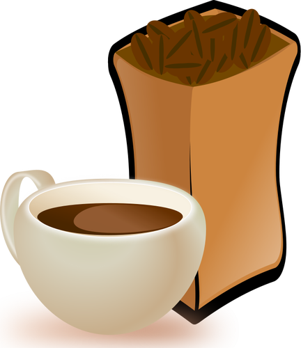 Vector afbeelding van beige kopje koffie met zak van koffie bonen