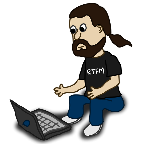 Personaje cómico con una ilustración del vector del ordenador portátil