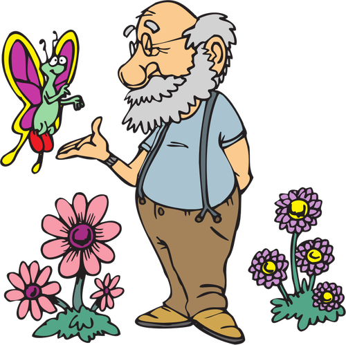 Vanha mies perhosen kanssa
