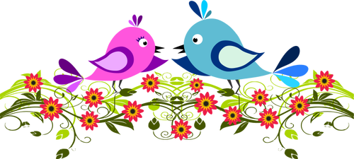 Gambar dari dua burung lucu winging antara bunga