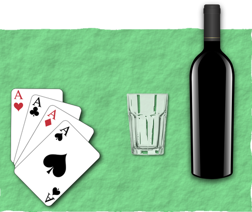 Vektor-Illustration von vier Spielkarten, ein Glas und Flasche Wein