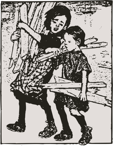 أطفال الفقراء يحملون صورة ناقلات الخشب