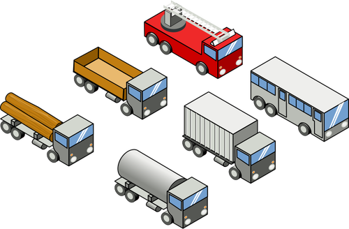Vector de la imagen de cuatro camiones, un autobús y un camión de bomberos