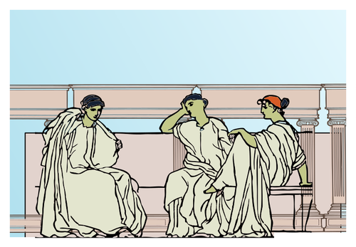 Vektorový obrázek žen v proudící šaty sedí pod římské oblouky