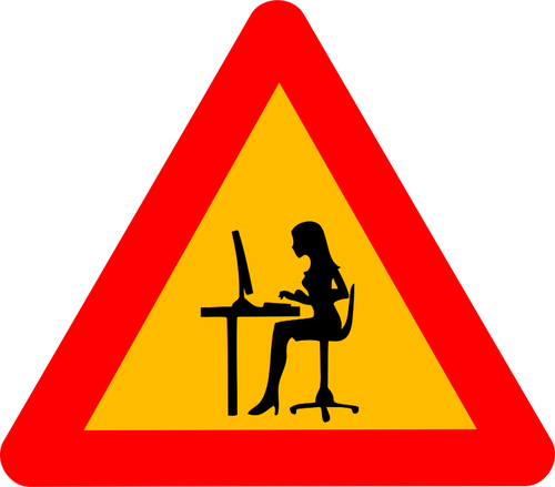 Vectorafbeeldingen van vrouw bij computer waarschuwing verkeersbord