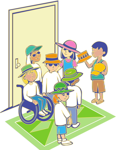 Grupp av barn med hattar framför dörren vektor illustration