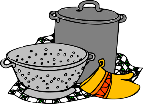 Vectorillustratie van het koken pot, siv en handschoen