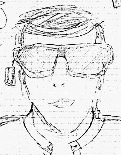 Disegno a matita di un individuo che prova sugli occhiali da sole