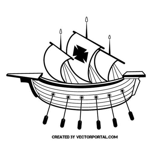 سفينة تاريخية مع أشرعة ومجاريف