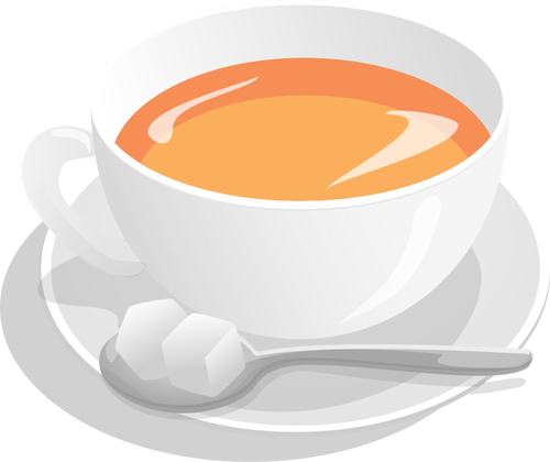 Ilustraţia vectorială de ceaşcă de ceai servit pe farfurie cu lingura si zahar