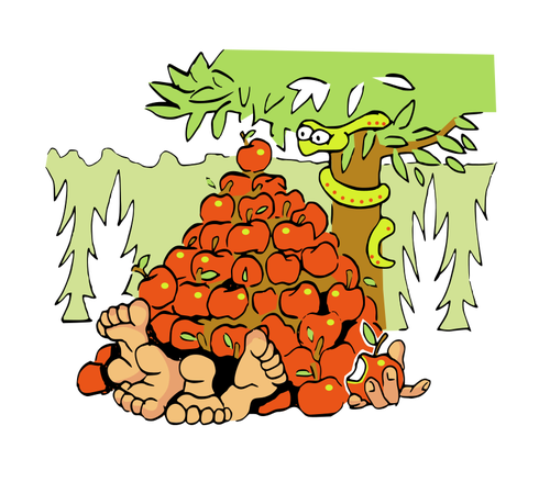 Adán y Eva cubren de manzanas