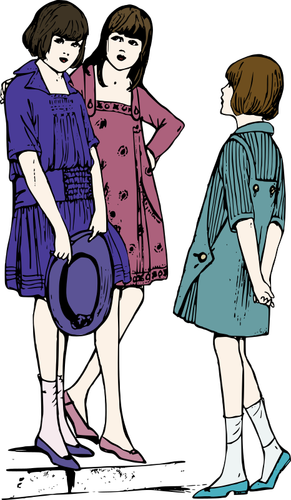Vektorikuva kolmesta nuoresta naisesta juttelemassa jalkakäytävällä