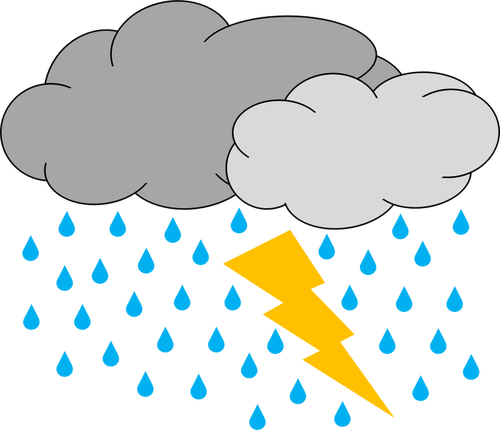 Immagine vettoriale di due nuvole con pioggia e illuminazione icona meteo