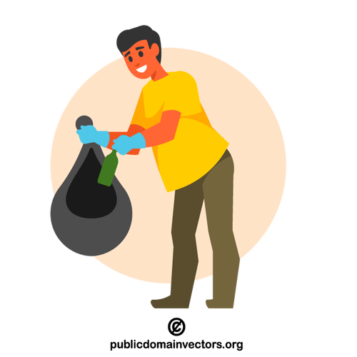 Voluntar care colectează gunoiul în sac